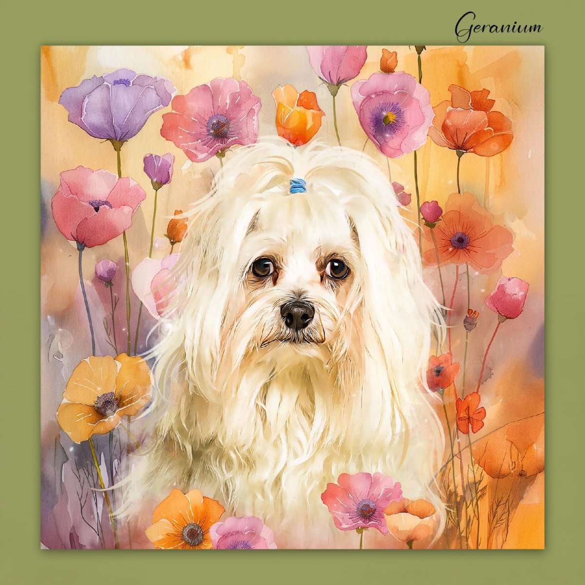 Custom watercolor style pet portrait poster featuring a maltese in a modern floral geranium aesthetic.