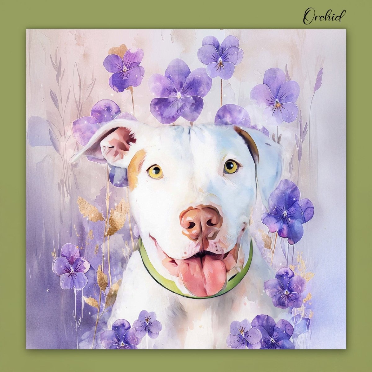 Custom watercolor style pet portrait poster featuring a bulldog in a modern floral orchid aesthetic.