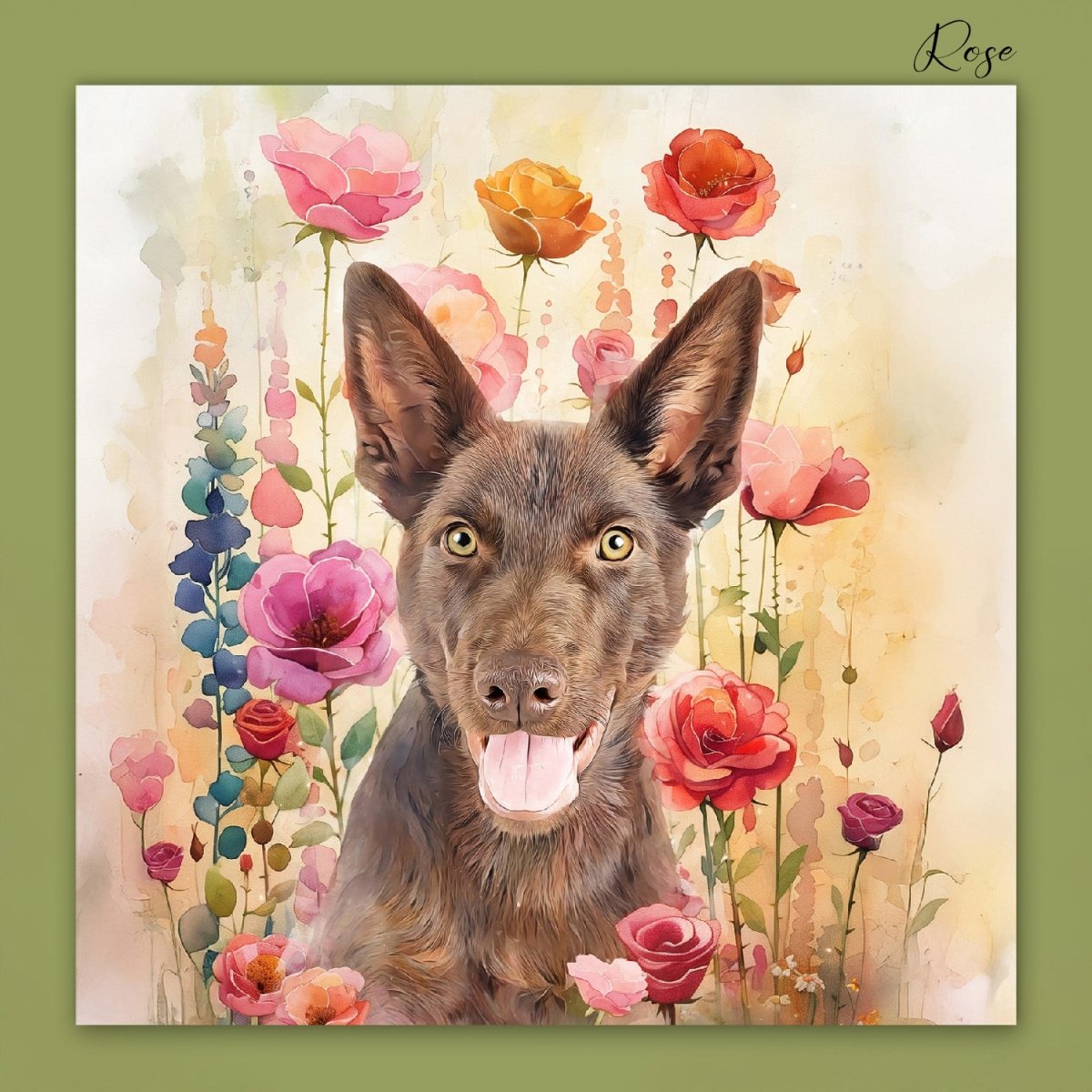 Custom watercolor style pet portrait poster featuring a mixed-breed in a modern floral rose aesthetic.