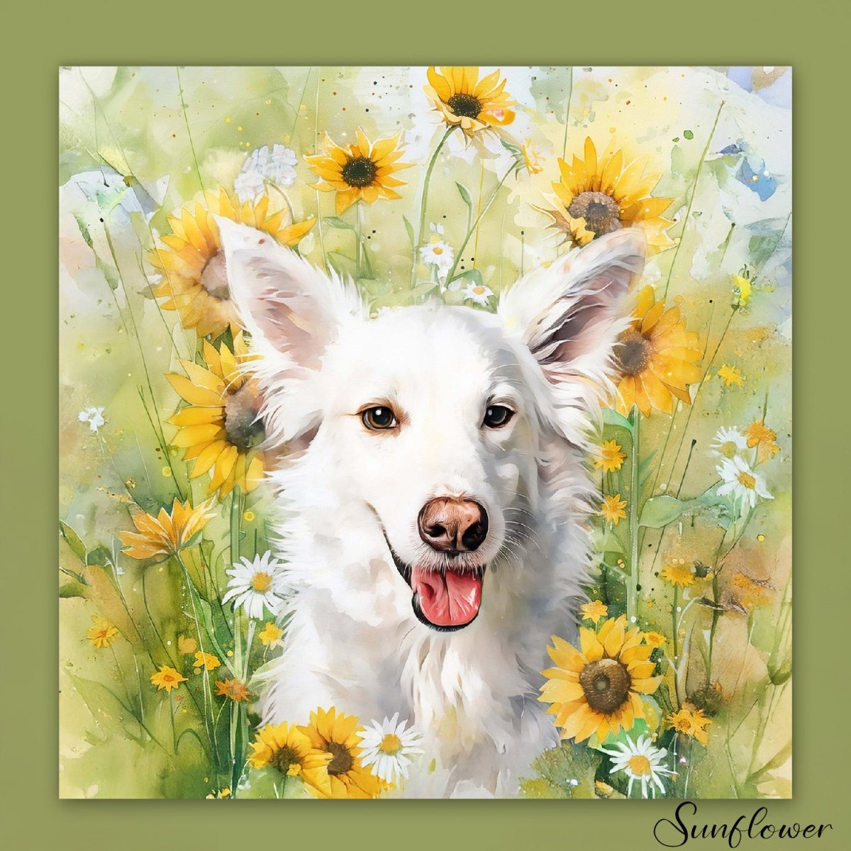 Custom watercolor style pet portrait poster featuring a white sherpherd in a modern floral sunflower aesthetic.