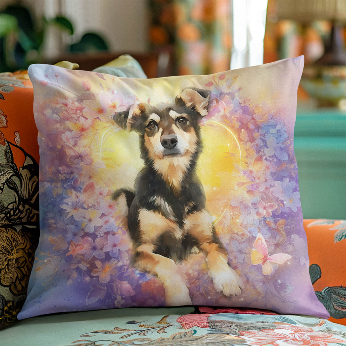 Decorative pillow with a dog illustration on a floral background