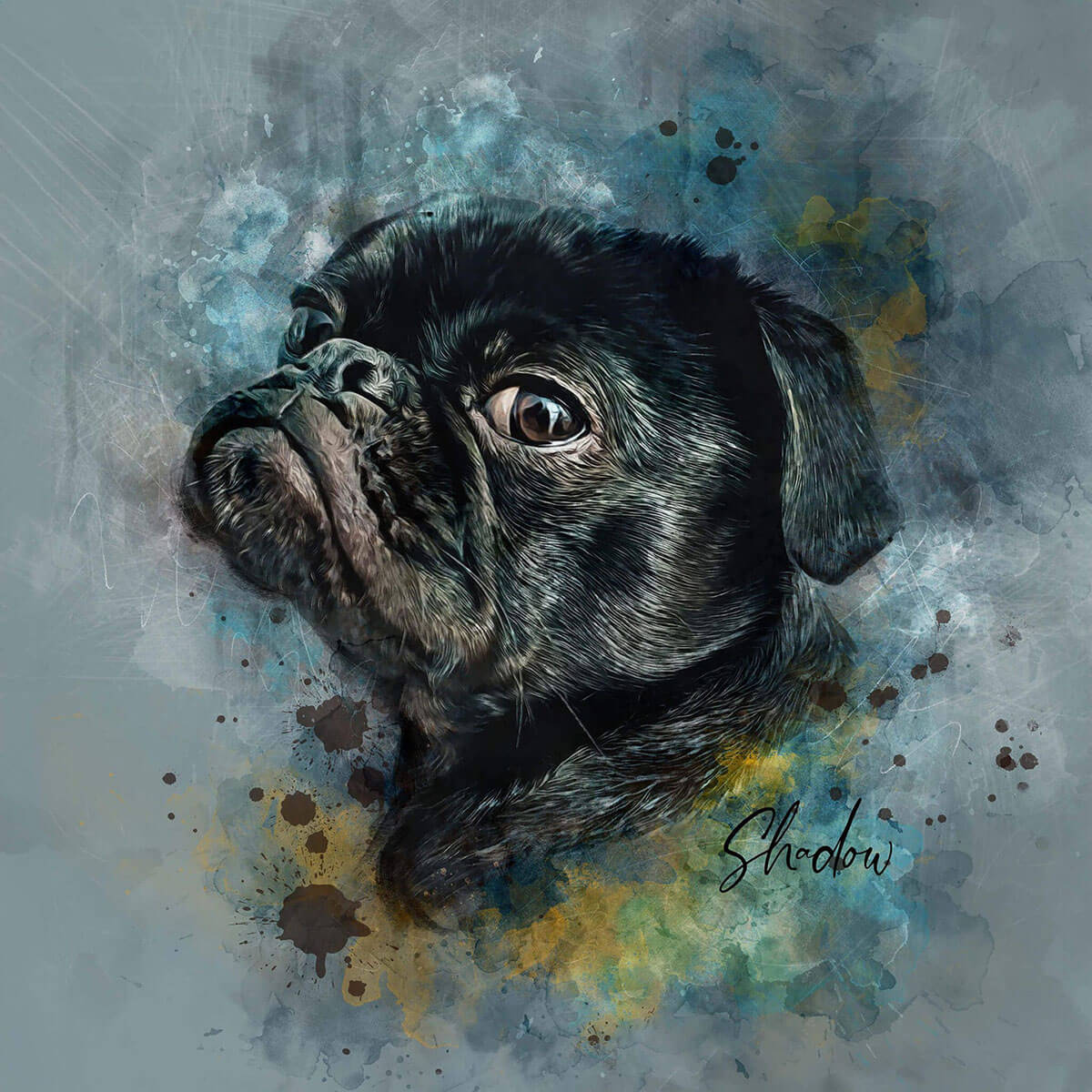 Artistic illustration of a black pug dog with watercolor background