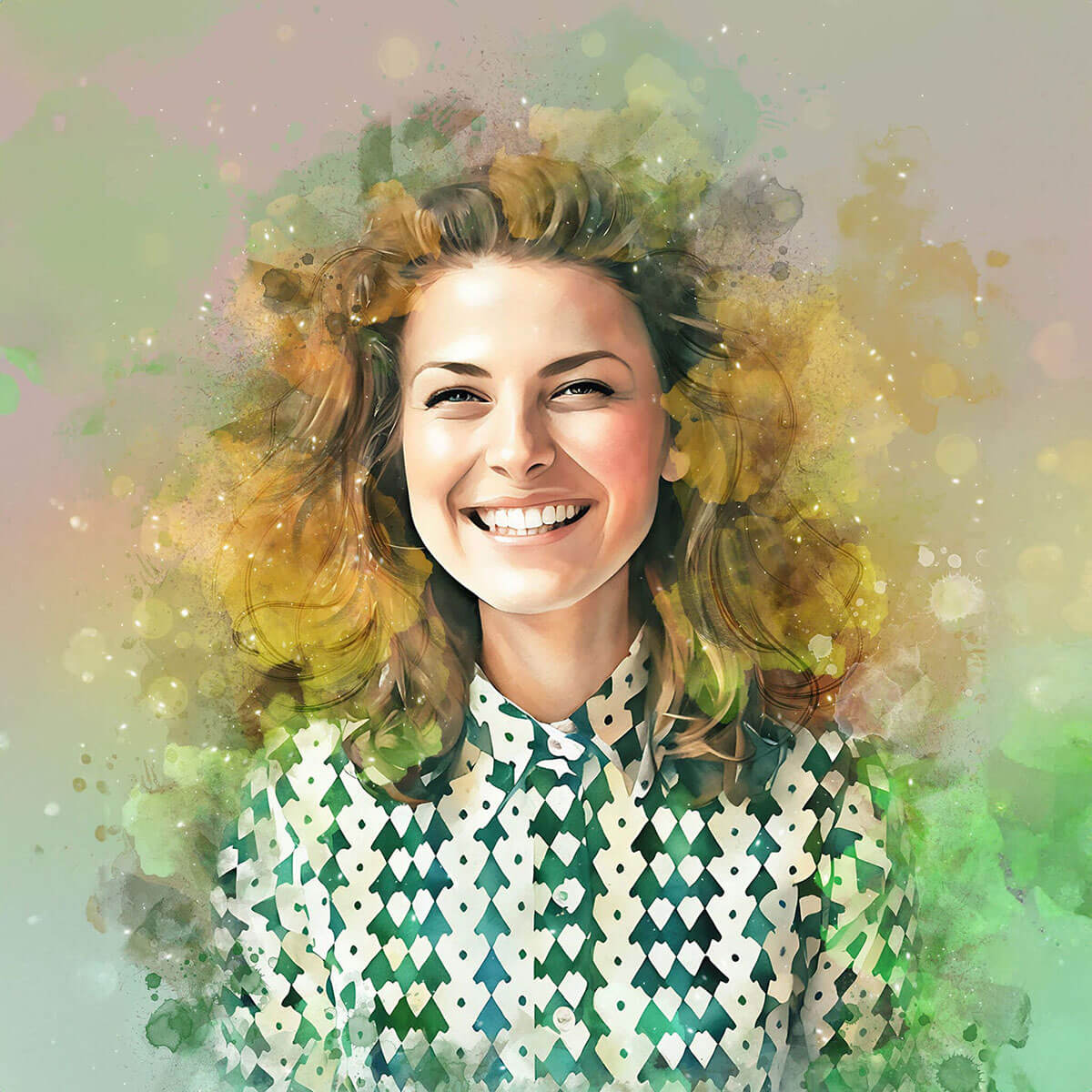Woman with curly hair and a patterned shirt against a colorful, abstract background