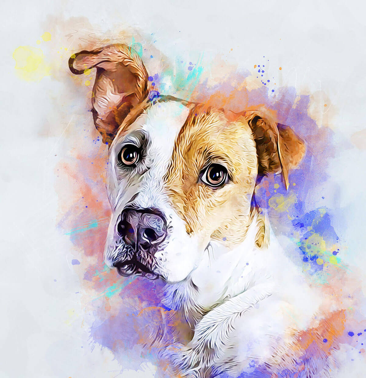 Artistic depiction of a dog with colorful watercolor background