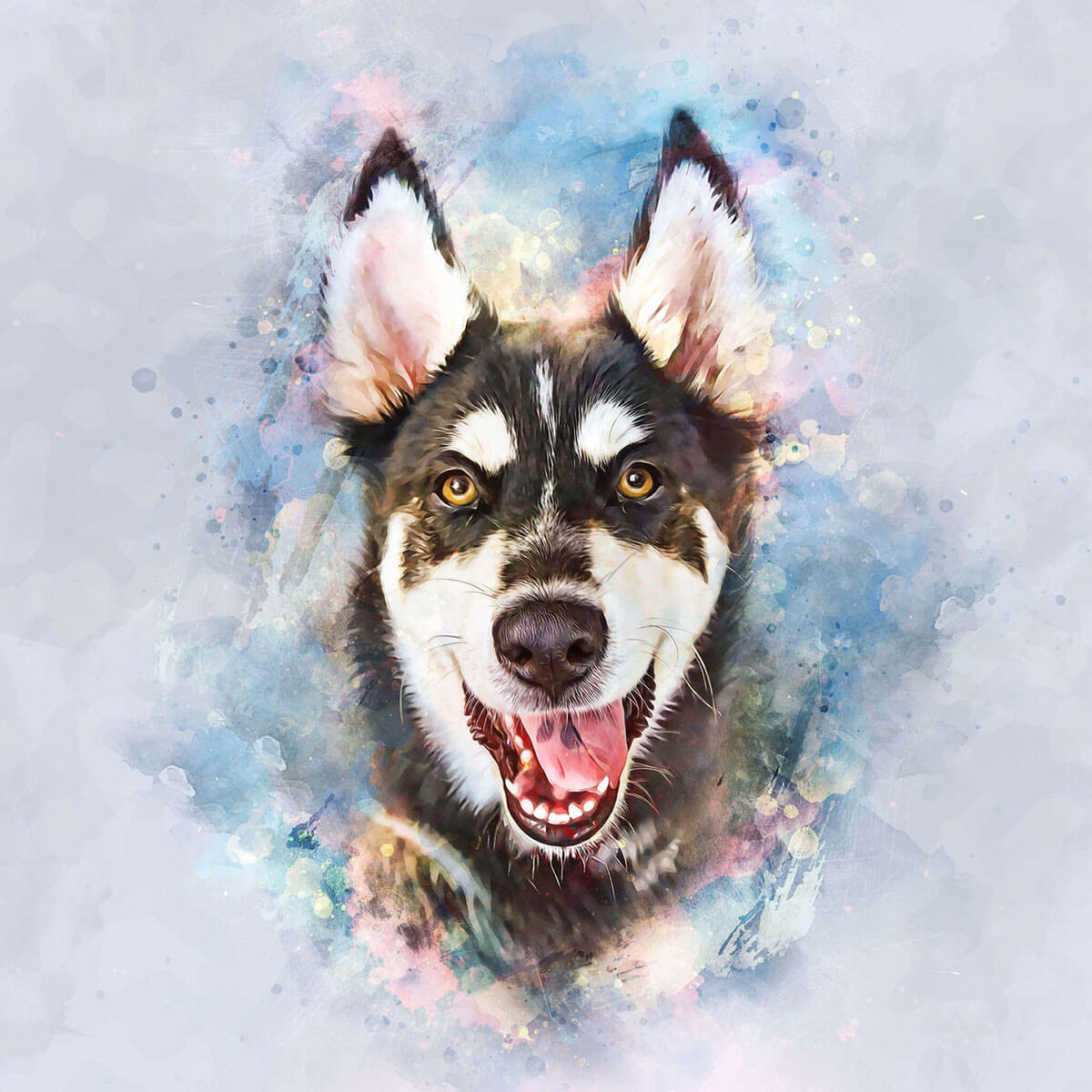 Colorful illustration of a dog's face with a watercolor background
