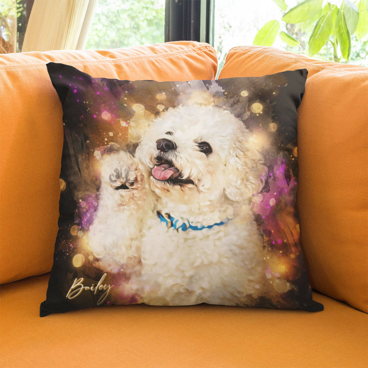 Decorative pillow with a white dog on an orange couch