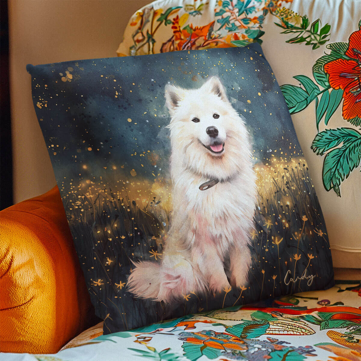 Decorative pillow with a white dog on a starry background, placed on a colorful surface.