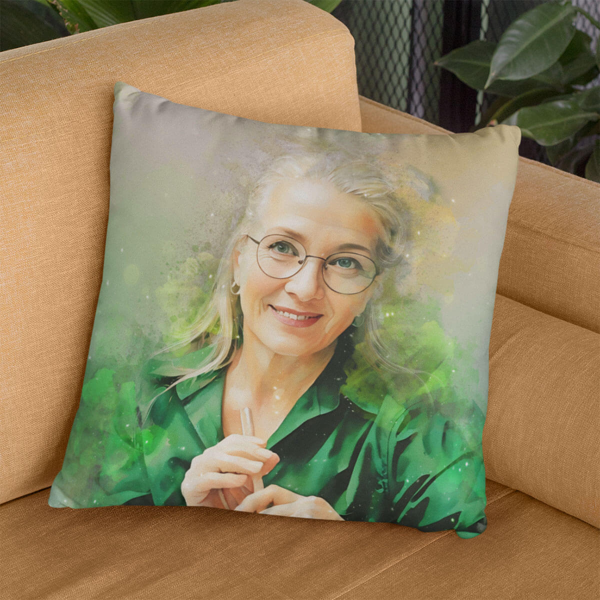 Pillow with a woman's portrait on a beige couch