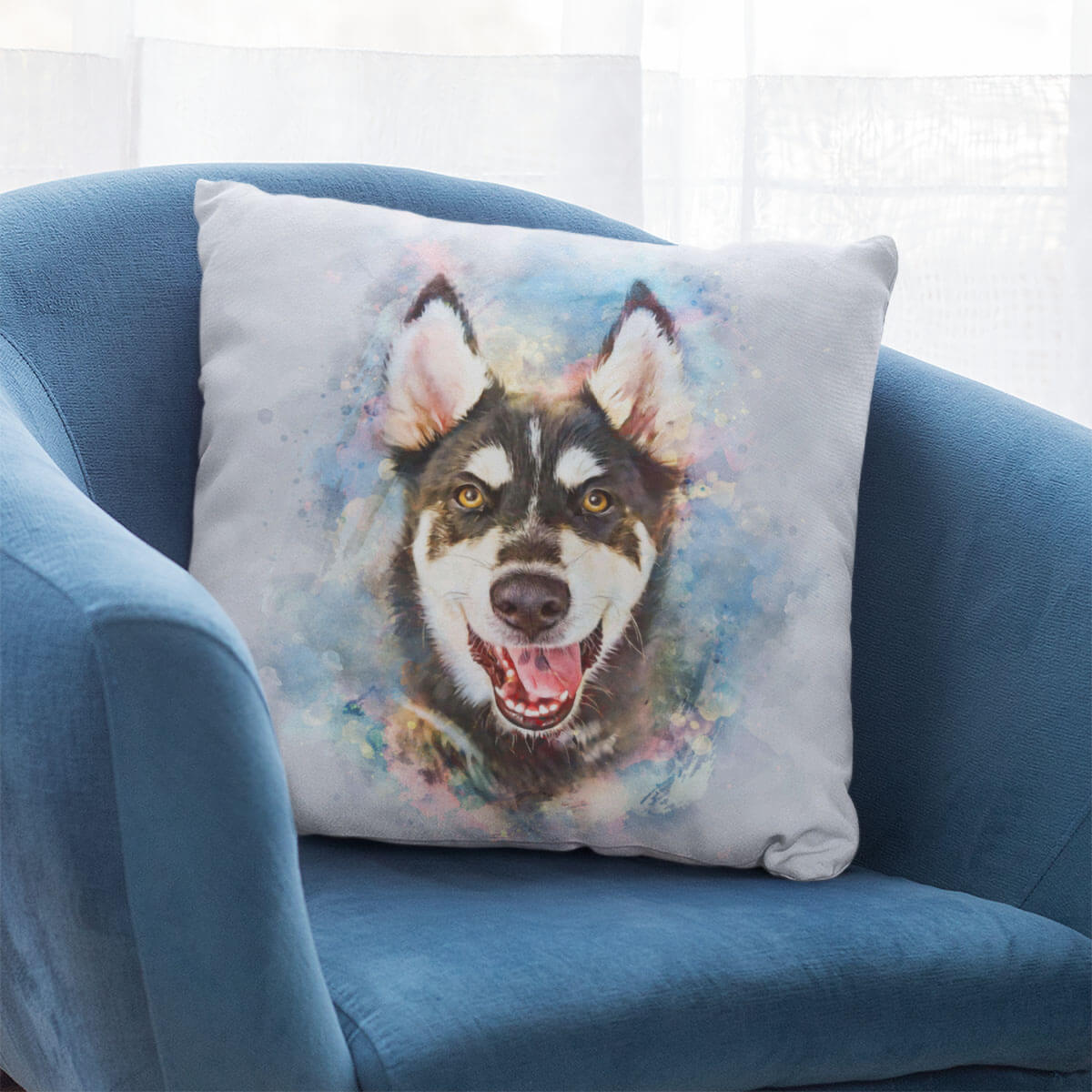 Decorative pillow with a dog design on a blue chair